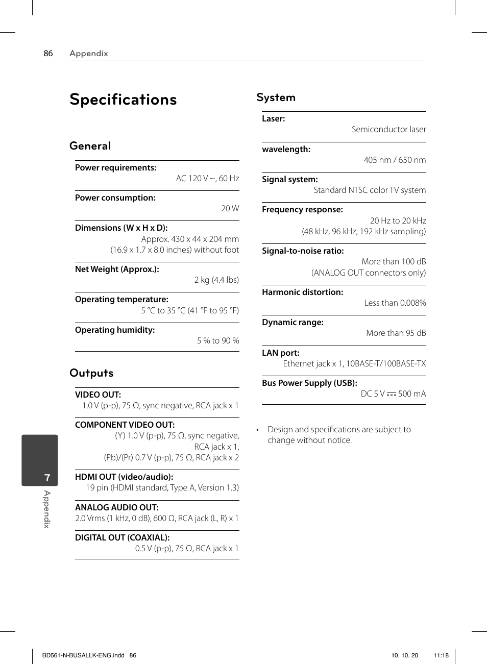 Speciﬁ cations, General, Outputs | System | LG BD550 User Manual | Page 86 / 92