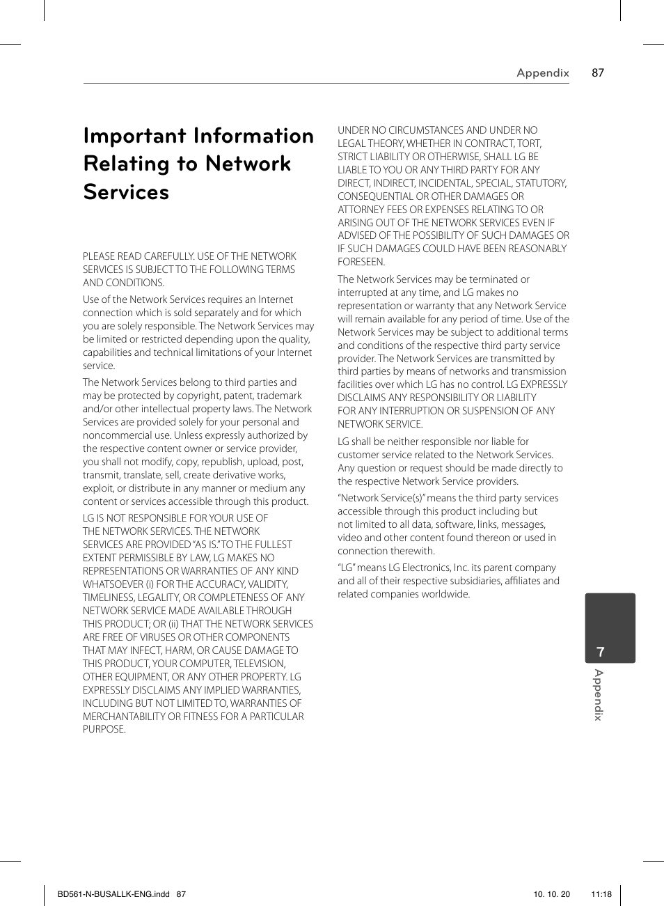 Important information relating to network services | LG BD550 User Manual | Page 87 / 92