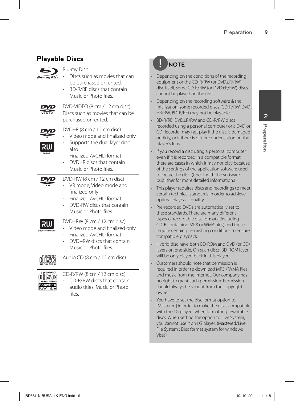 Playable discs | LG BD550 User Manual | Page 9 / 92