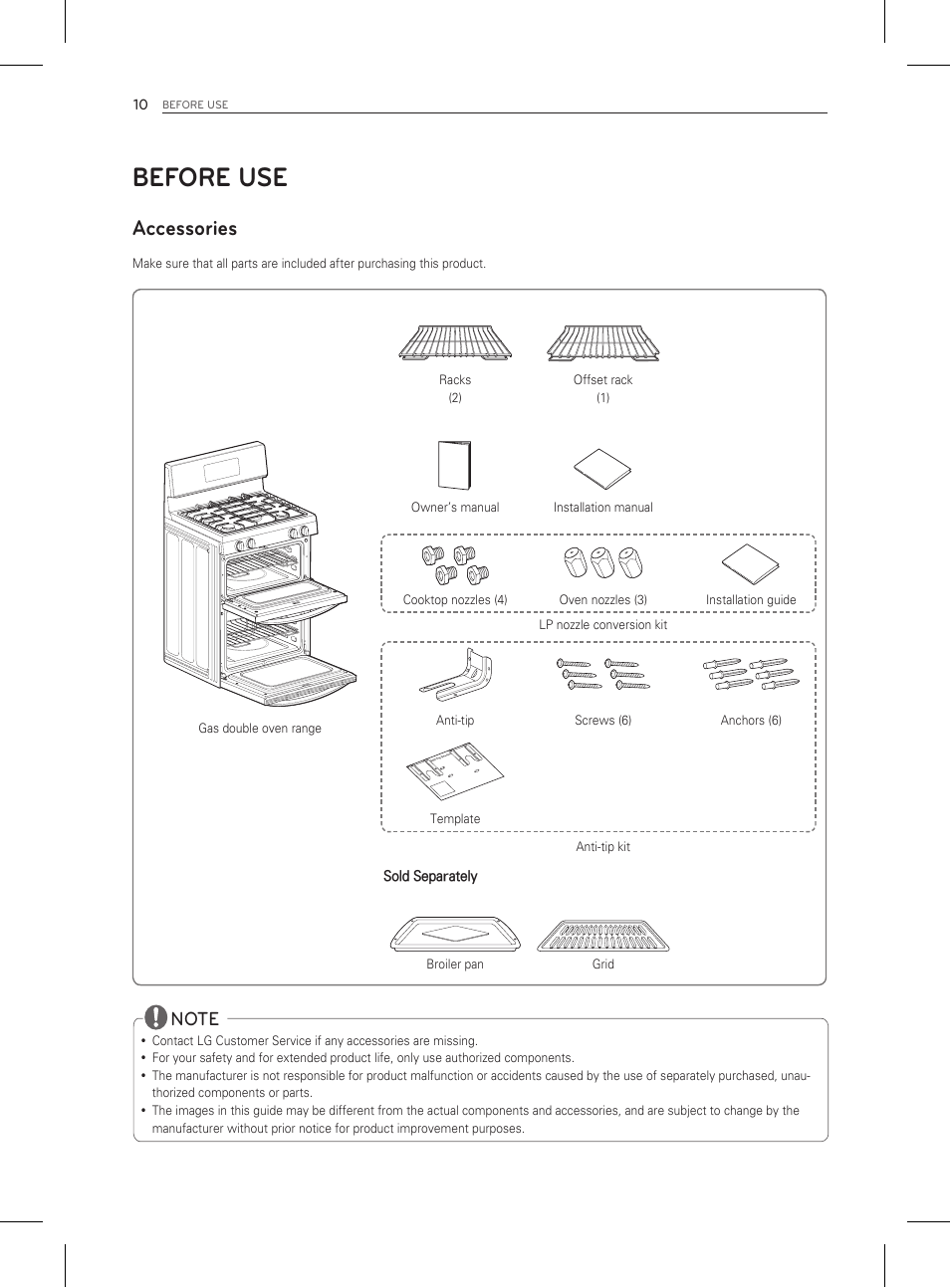 Before use, Accessories | LG LDG3011ST User Manual | Page 10 / 43