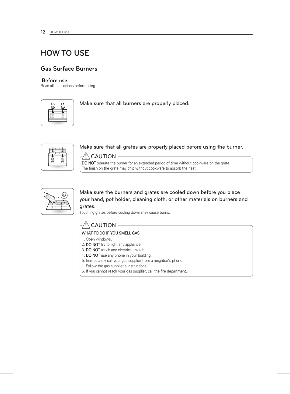 How to use, Gas surface burners | LG LDG3011ST User Manual | Page 12 / 43