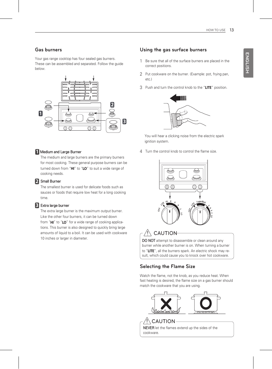 Gas burners, Using the gas surface burners, Caution | Selecting the flame size | LG LDG3011ST User Manual | Page 13 / 43