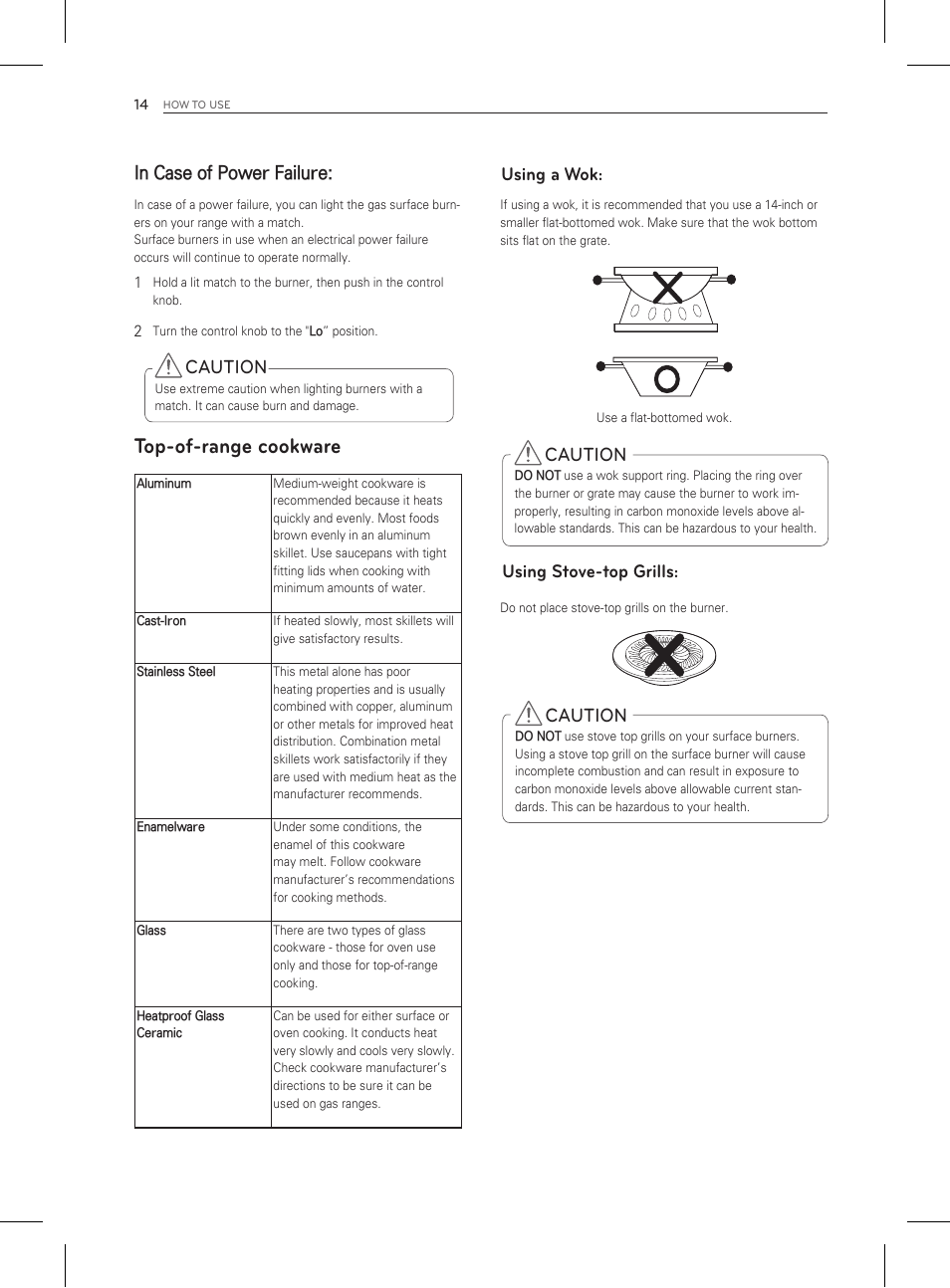 Top-of-range cookware, Caution, Using a wok: using stove-top grills: caution | LG LDG3011ST User Manual | Page 14 / 43