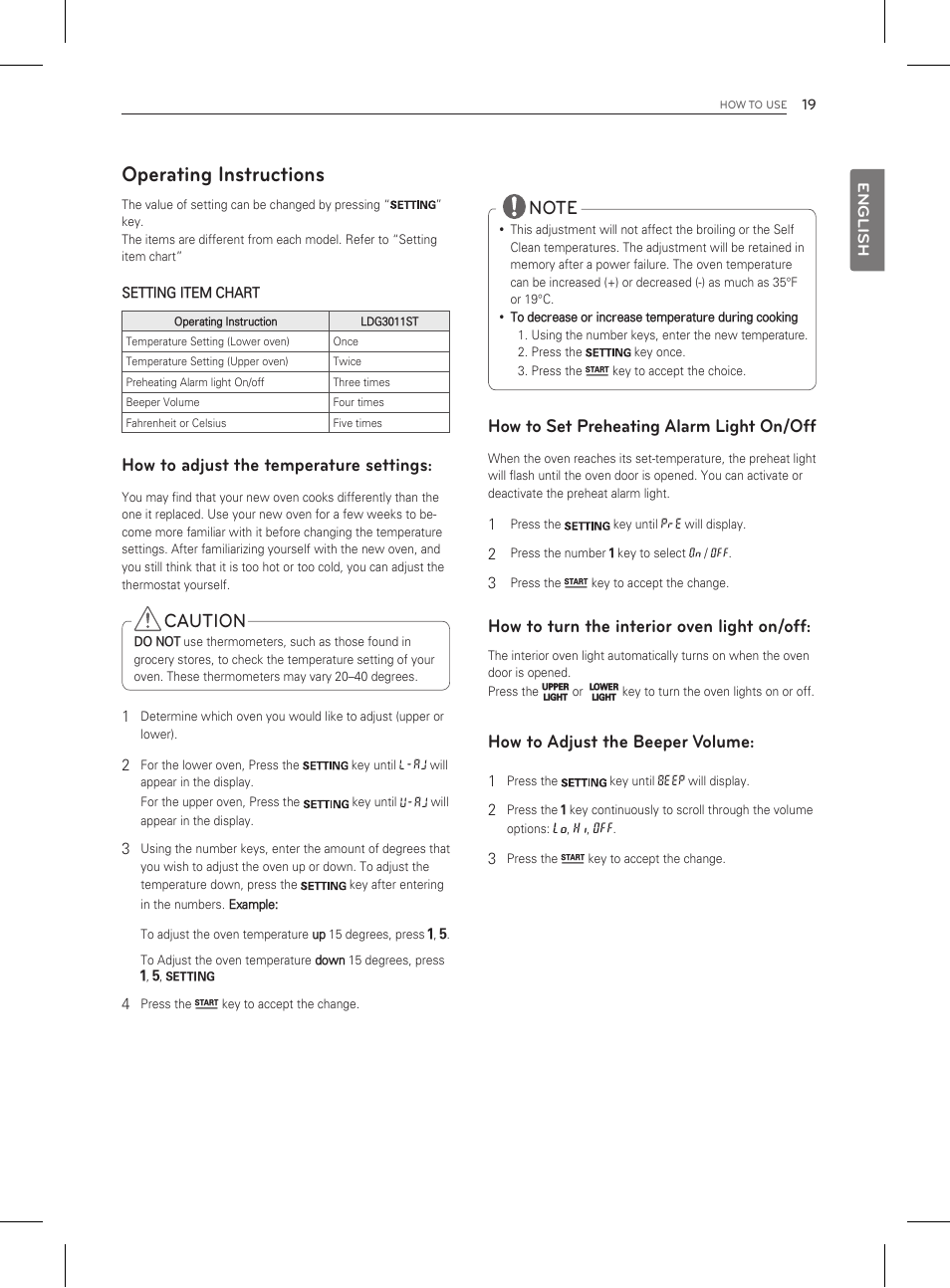 Operating instructions, How to set preheating alarm light on/off, How to turn the interior oven light on/off | How to adjust the beeper volume, Caution, How to adjust the temperature settings | LG LDG3011ST User Manual | Page 19 / 43