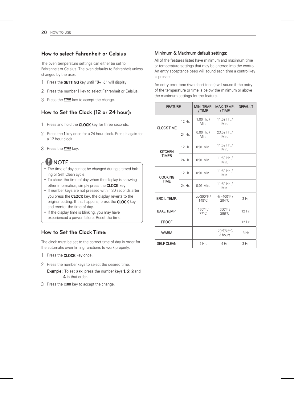 How to select fahrenheit or celsius, How to set the clock (12 or 24 hour), How to set the clock time | LG LDG3011ST User Manual | Page 20 / 43