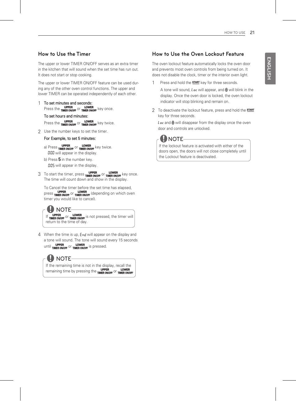 How to use the timer, How to use the oven lockout feature | LG LDG3011ST User Manual | Page 21 / 43