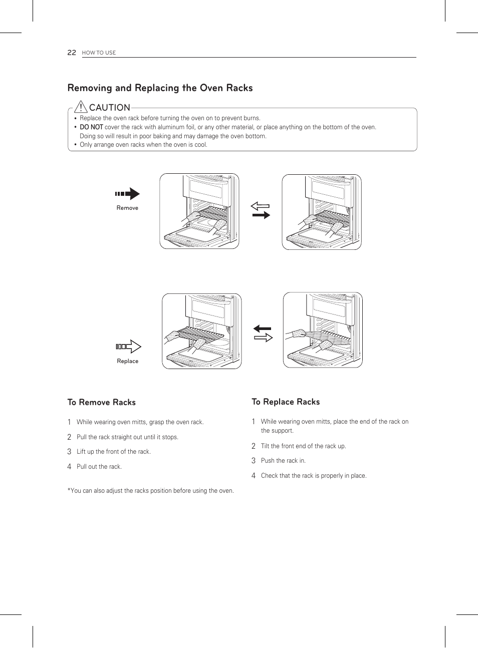 Removing and replacing the oven racks, Caution | LG LDG3011ST User Manual | Page 22 / 43