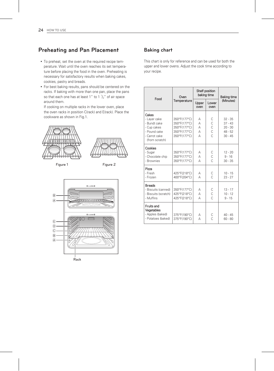 Preheating and pan placement, Baking chart | LG LDG3011ST User Manual | Page 24 / 43