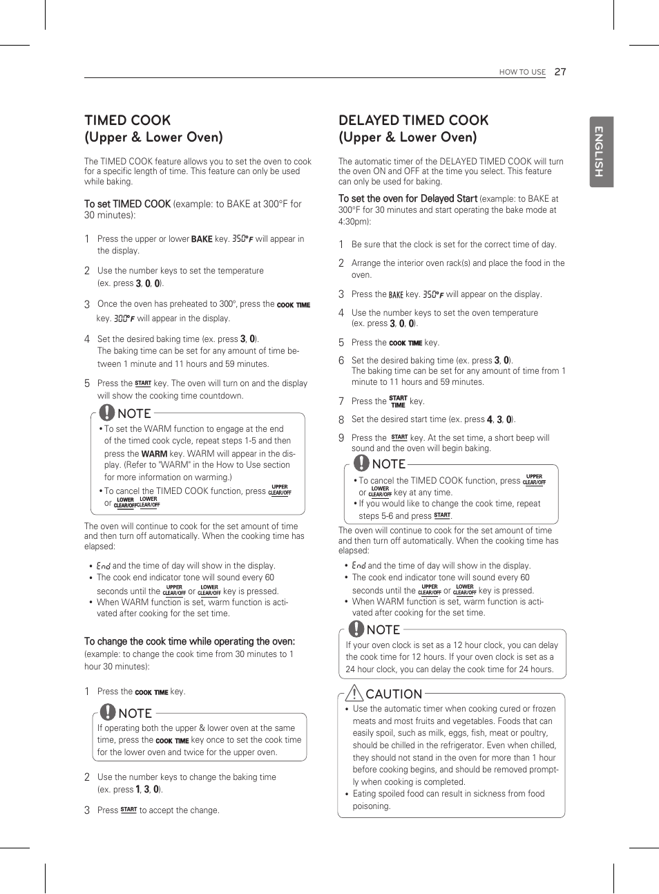 Delayed timed cook (upper & lower oven), Timed cook (upper & lower oven), Caution | LG LDG3011ST User Manual | Page 27 / 43