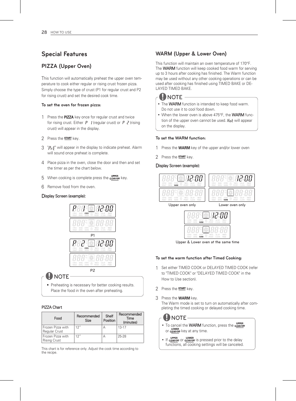 Special features, Pizza (upper oven), Warm (upper & lower oven) | LG LDG3011ST User Manual | Page 28 / 43