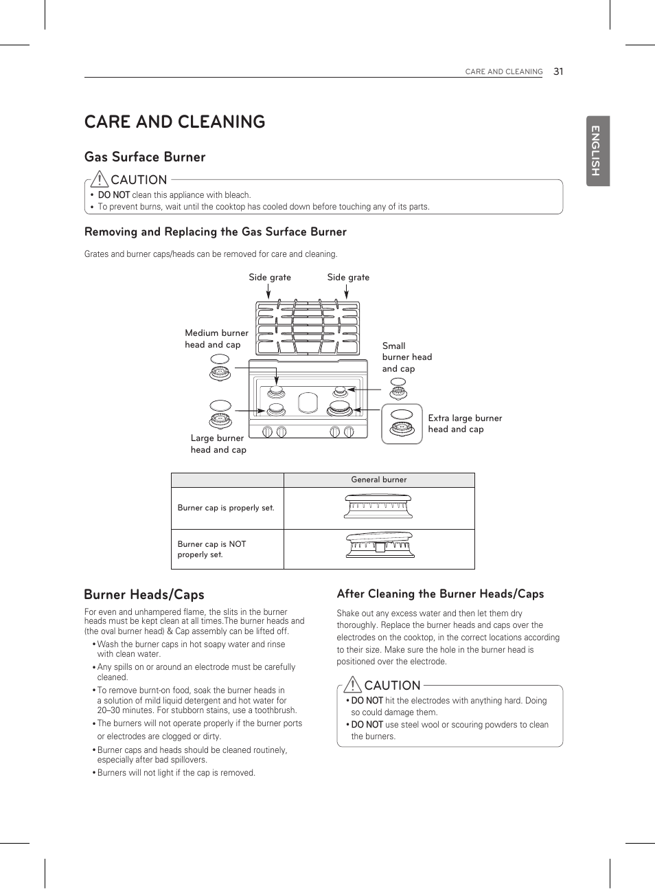Care and cleaning, Gas surface burner, Burner heads/caps | Removing and replacing the gas surface burner, After cleaning the burner heads/caps caution, Caution | LG LDG3011ST User Manual | Page 31 / 43