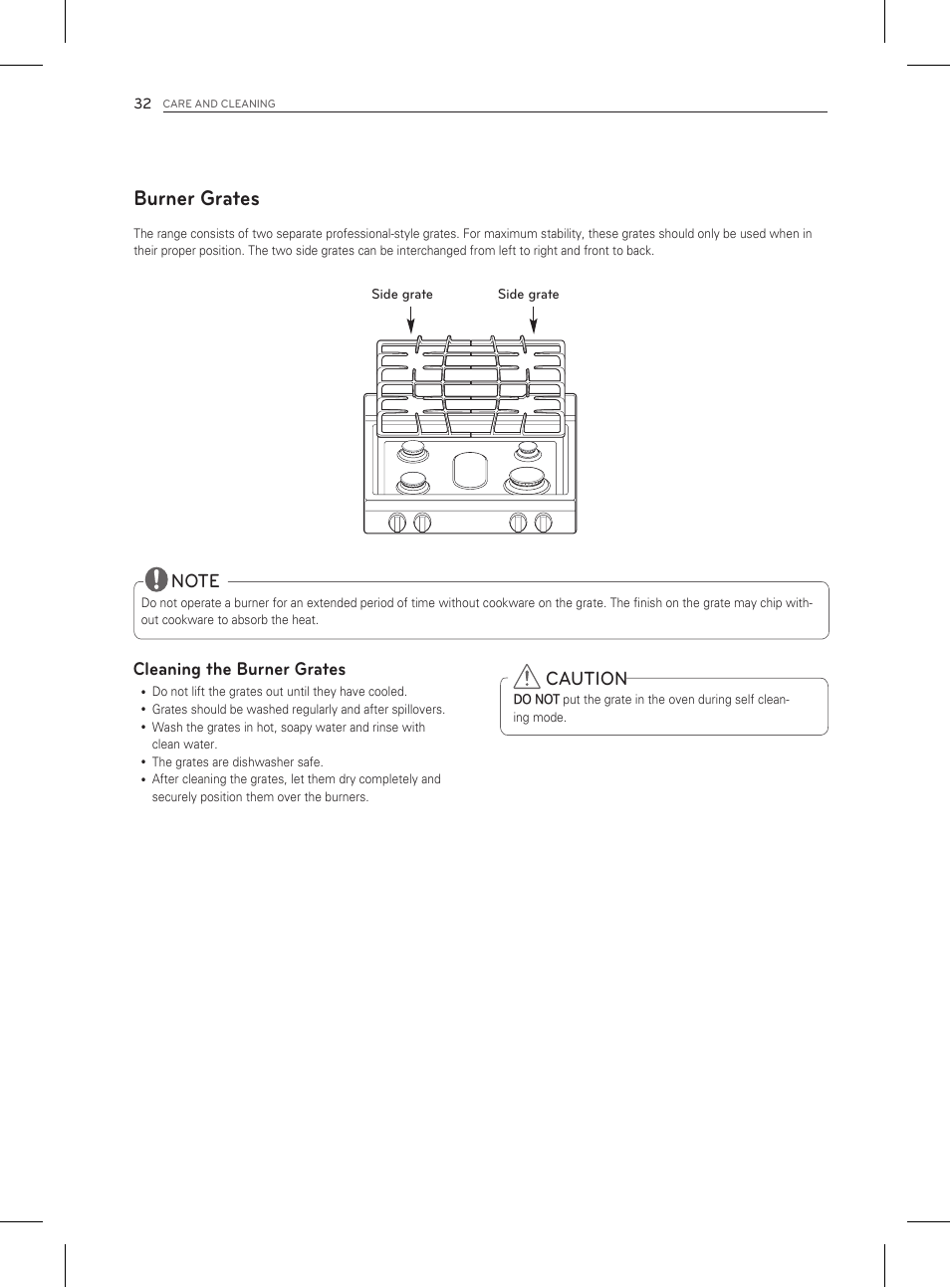 Burner grates, Cleaning the burner grates caution | LG LDG3011ST User Manual | Page 32 / 43
