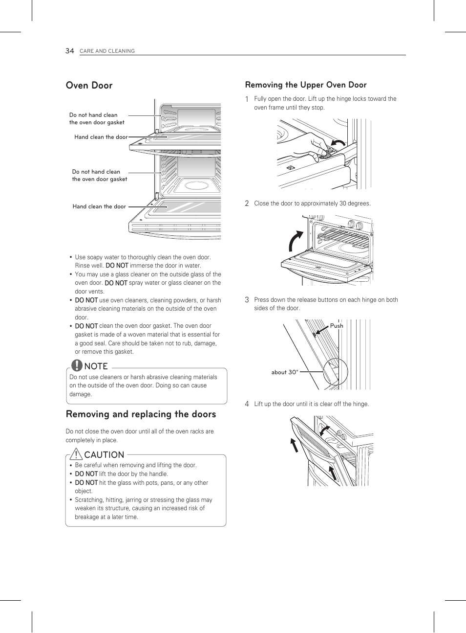 Oven door, Removing and replacing the doors, Caution | Removing the upper oven door | LG LDG3011ST User Manual | Page 34 / 43