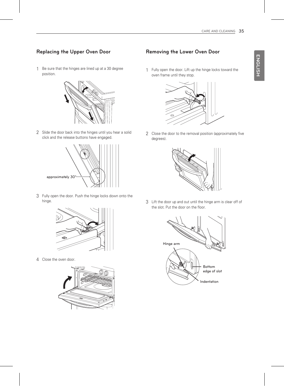 Replacing the upper oven door, Removing the lower oven door | LG LDG3011ST User Manual | Page 35 / 43