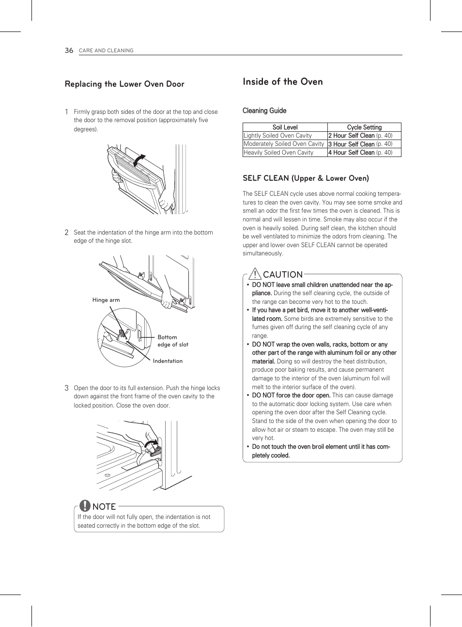 Inside of the oven, Replacing the lower oven door, Caution | LG LDG3011ST User Manual | Page 36 / 43