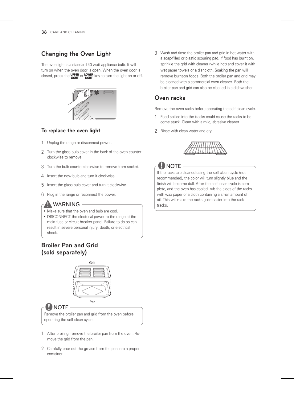 Changing the oven light, Broiler pan and grid (sold separately), Oven racks | Warning | LG LDG3011ST User Manual | Page 38 / 43