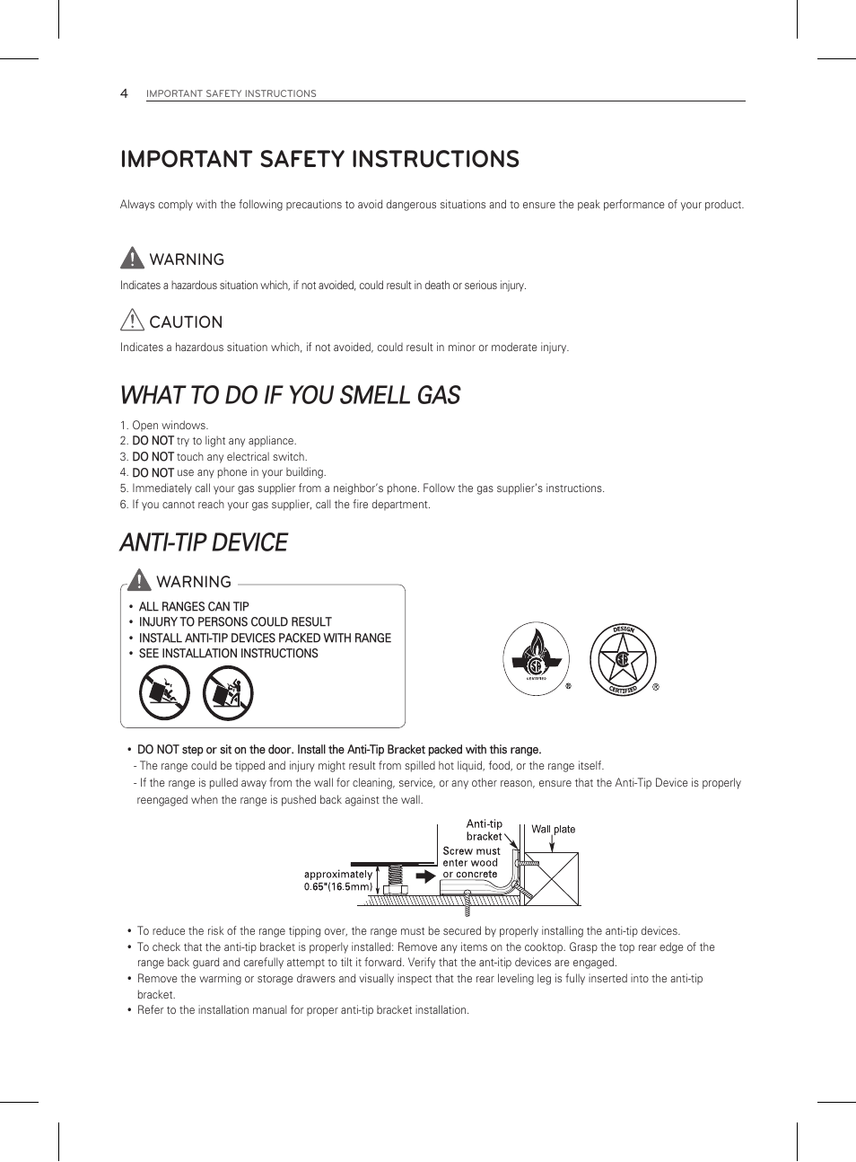 Important safety instructions, What to do if you smell gas, Anti-tip device | Warning, Caution | LG LDG3011ST User Manual | Page 4 / 43