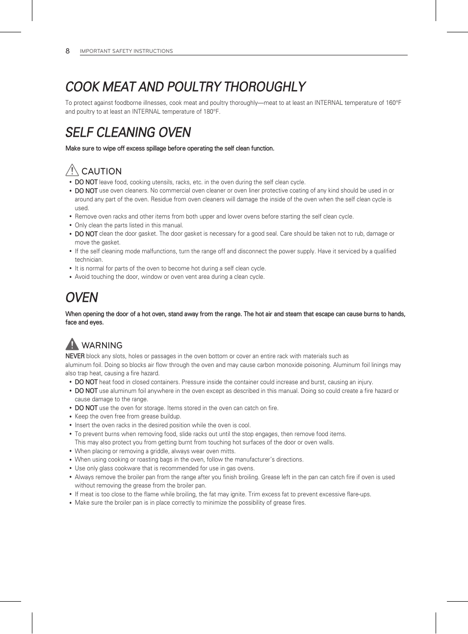 Cook meat and poultry thoroughly, Self cleaning oven, Oven | Caution, Warning | LG LDG3011ST User Manual | Page 8 / 43