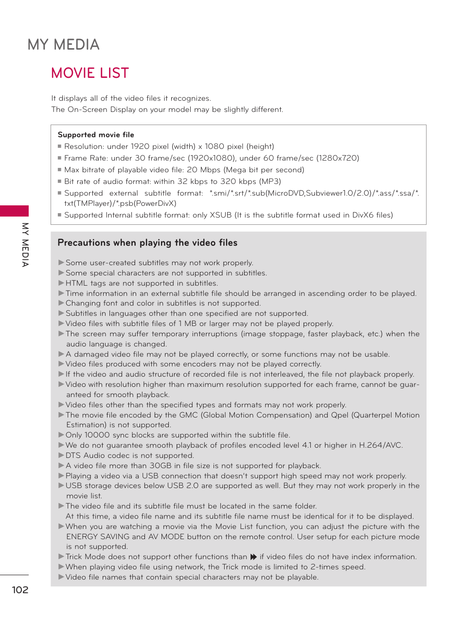 Movie list, My media, Precautions when playing the video files | LG 60PK750 User Manual | Page 102 / 221