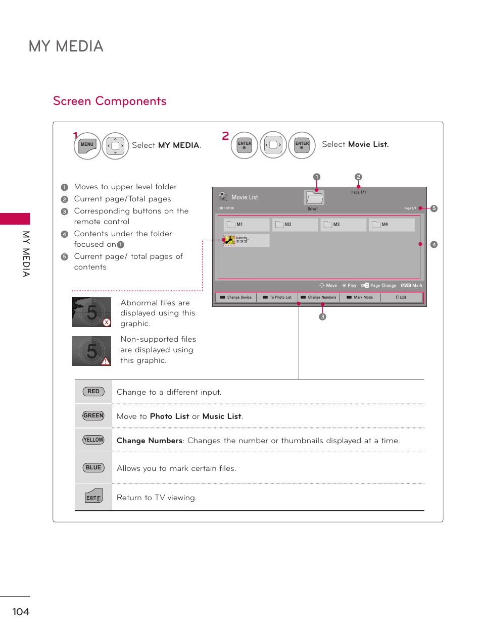 Screen components, My media, My m ed ia | LG 60PK750 User Manual | Page 104 / 221