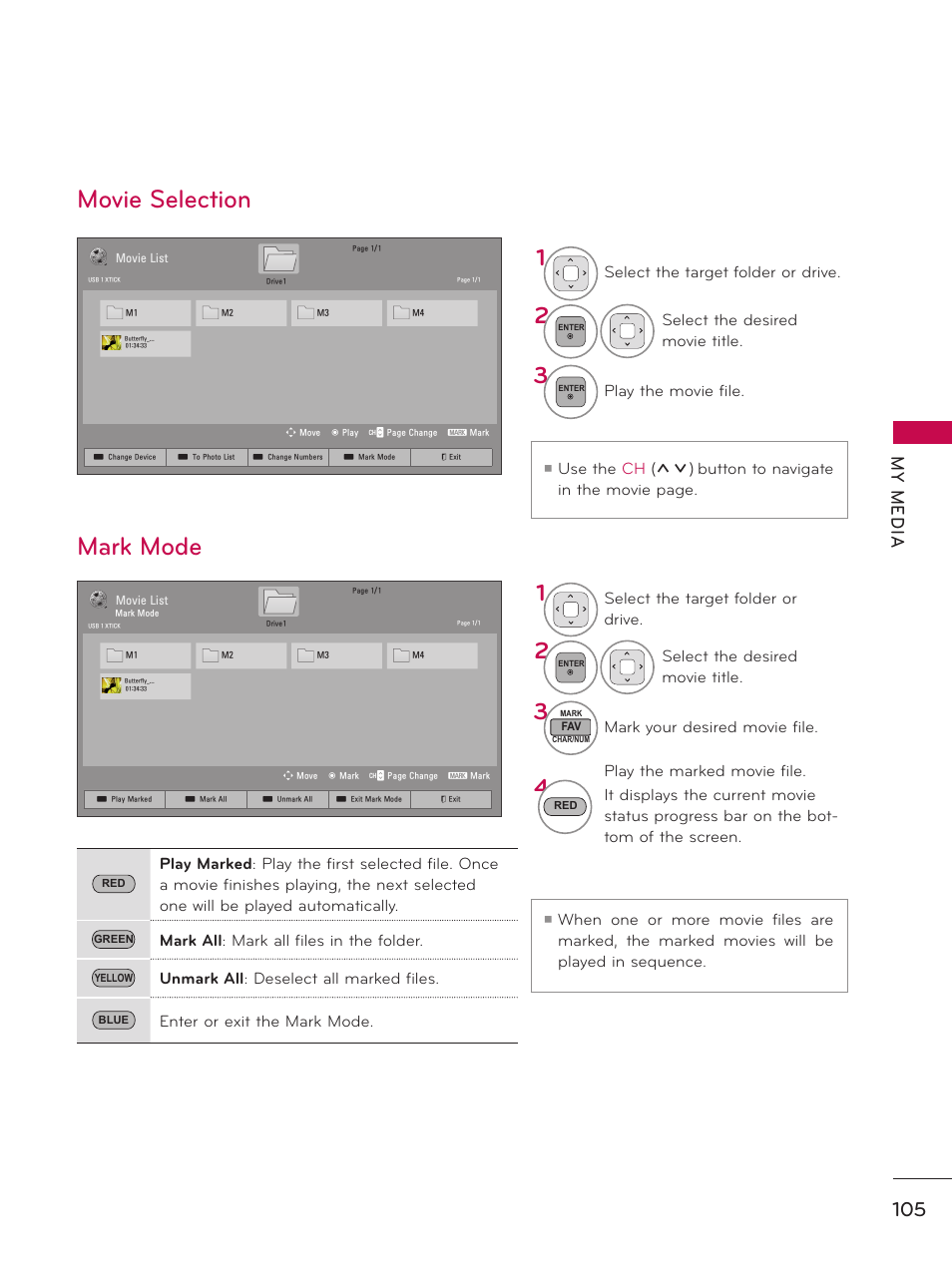 Movie selection, Mark mode, Movie selection mark mode | My m ed ia | LG 60PK750 User Manual | Page 105 / 221