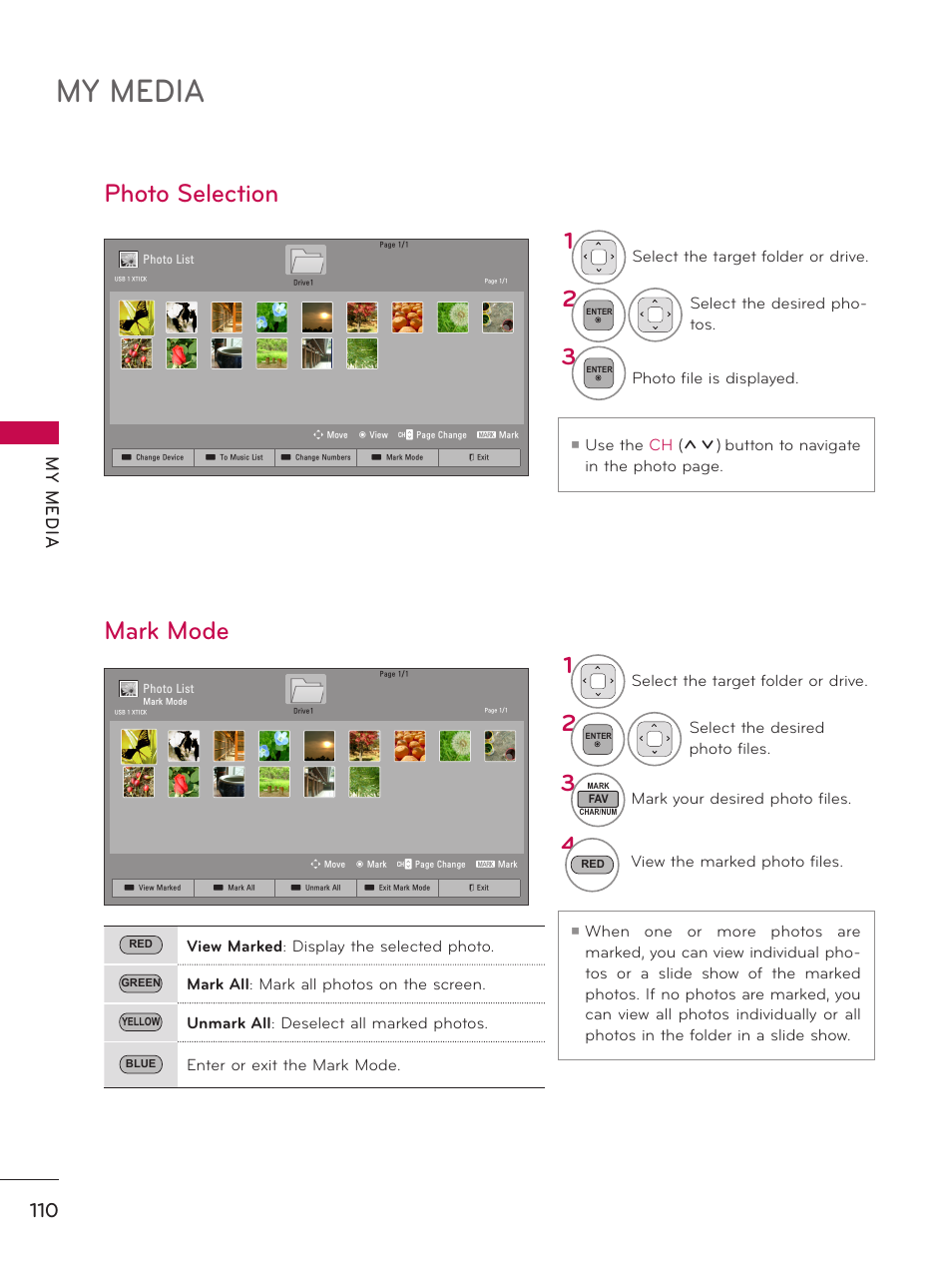 Photo selection, Mark mode, My media | My m ed ia | LG 60PK750 User Manual | Page 110 / 221