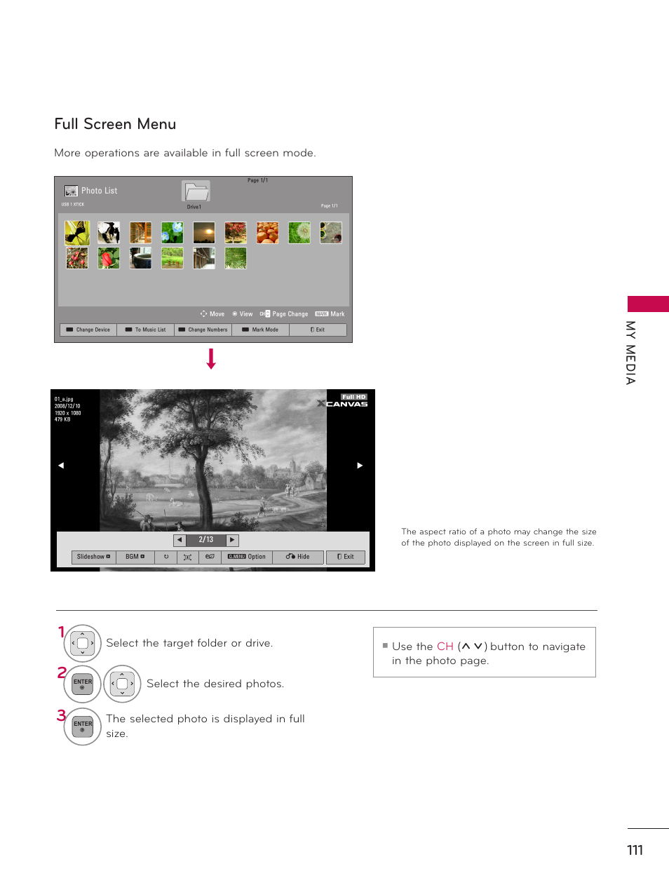 Full screen menu, My m ed ia | LG 60PK750 User Manual | Page 111 / 221