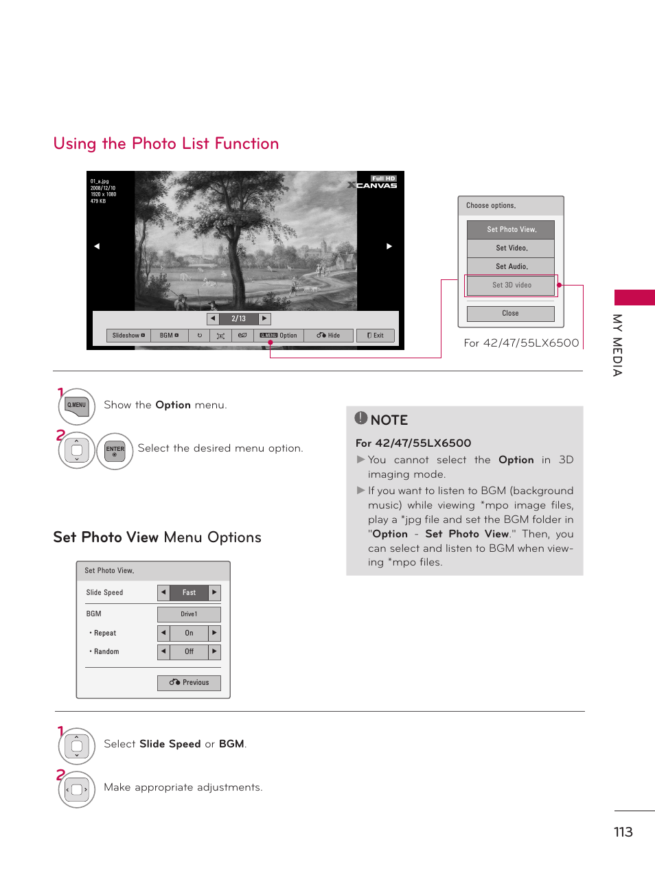 Using the photo list function, Set photo view menu options, My m ed ia | LG 60PK750 User Manual | Page 113 / 221