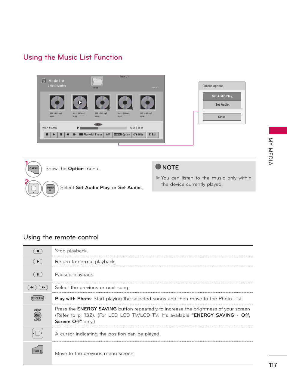 Using the music list function, Using the remote control 1, My m ed ia | LG 60PK750 User Manual | Page 117 / 221