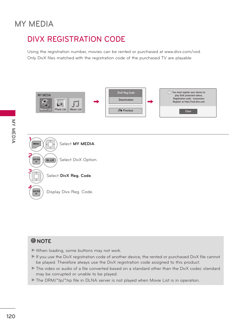 Divx registration code, My media | LG 60PK750 User Manual | Page 120 / 221