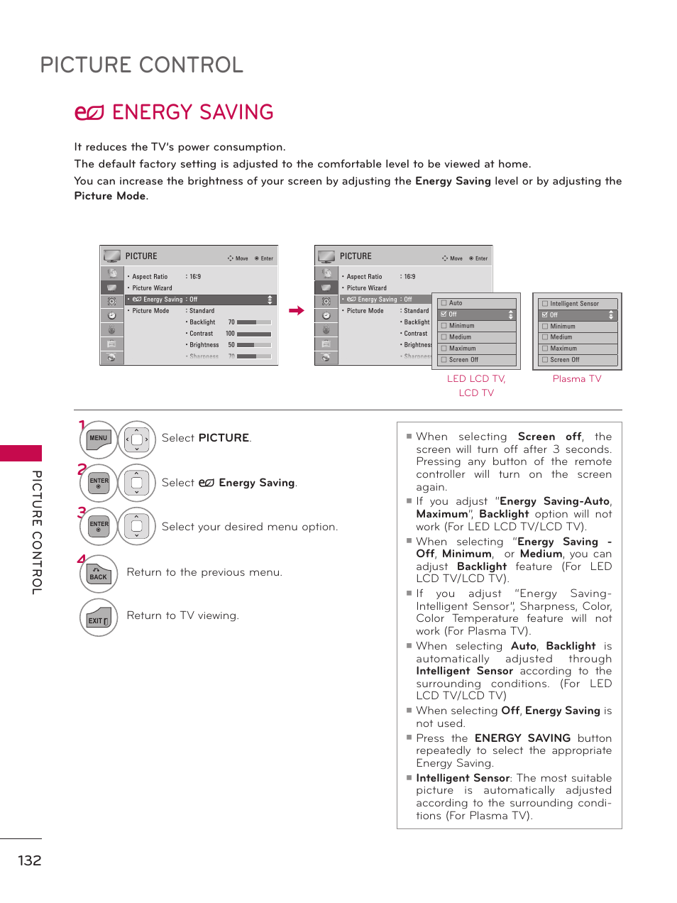 Energy saving, Picture control, ꕊ energy saving | LG 60PK750 User Manual | Page 132 / 221