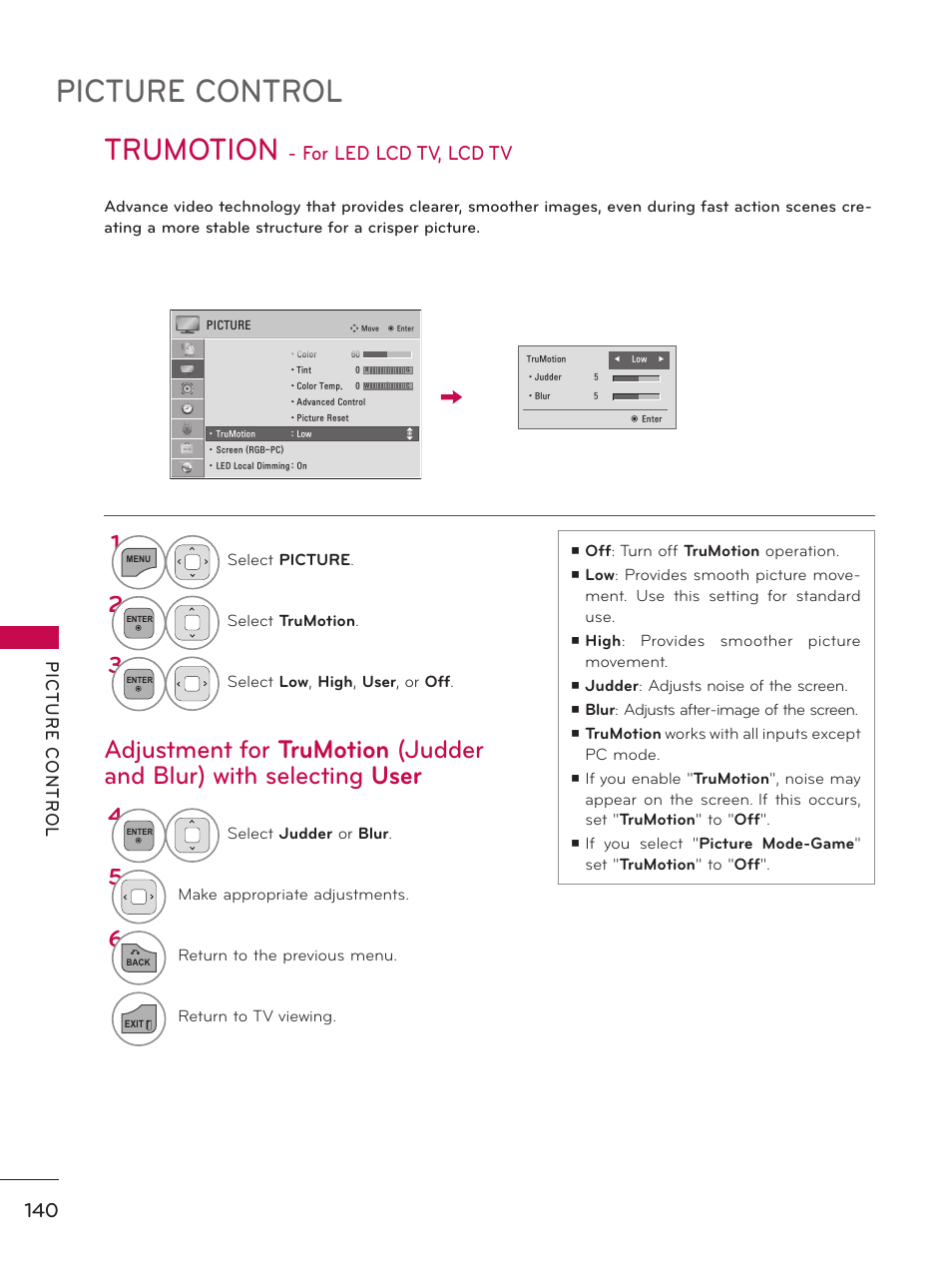 Trumotion - for led lcd tv, lcd tv, Picture control, Trumotion | For led lcd tv, lcd tv | LG 60PK750 User Manual | Page 140 / 221