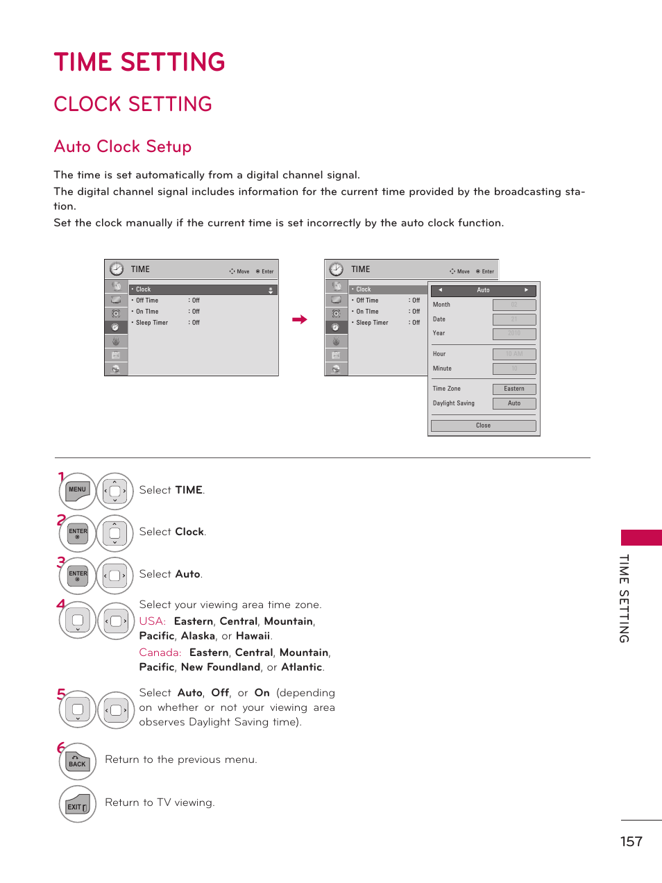 Time setting, Clock setting, Auto clock setup | Tim e s et tin g | LG 60PK750 User Manual | Page 157 / 221