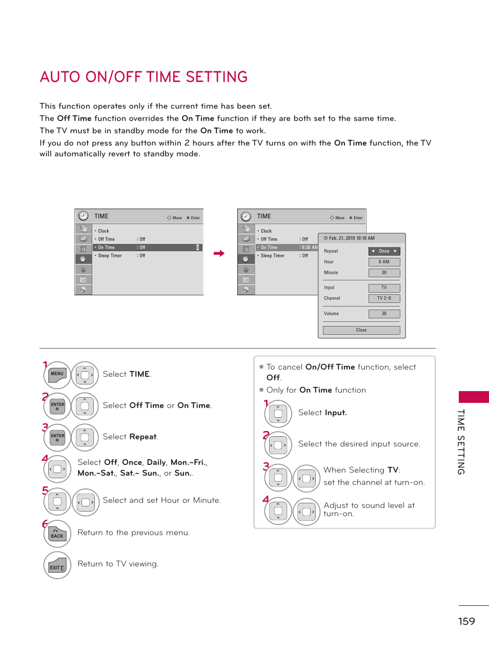 Auto on/off time setting, Tim e s et tin g | LG 60PK750 User Manual | Page 159 / 221