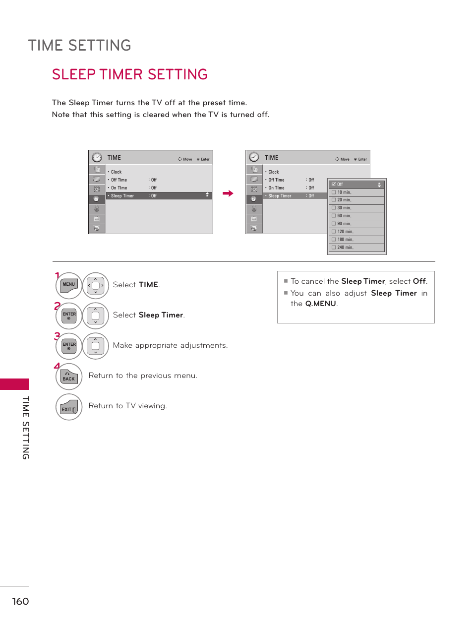 Sleep timer setting, Time setting, Tim e s et tin g | LG 60PK750 User Manual | Page 160 / 221