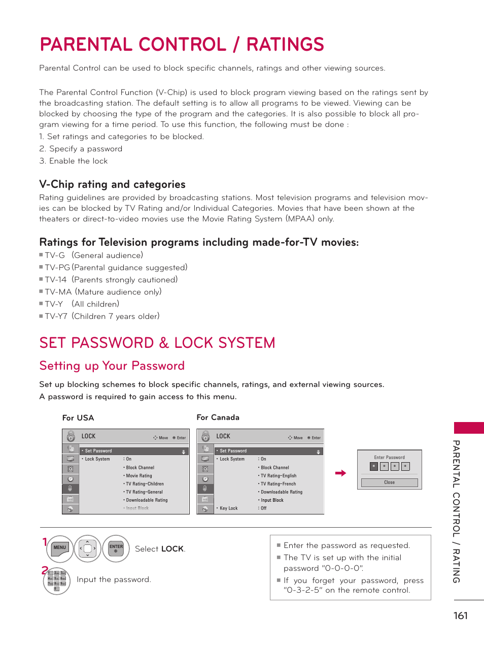 Parental control / ratings, Set password & lock system, Setting up your password | V-chip rating and categories, Tv-g (general audience), Tv-pg (parental guidance suggested), Tv-14 (parents strongly cautioned), Tv-ma (mature audience only), Tv-y (all children), Select lock | LG 60PK750 User Manual | Page 161 / 221