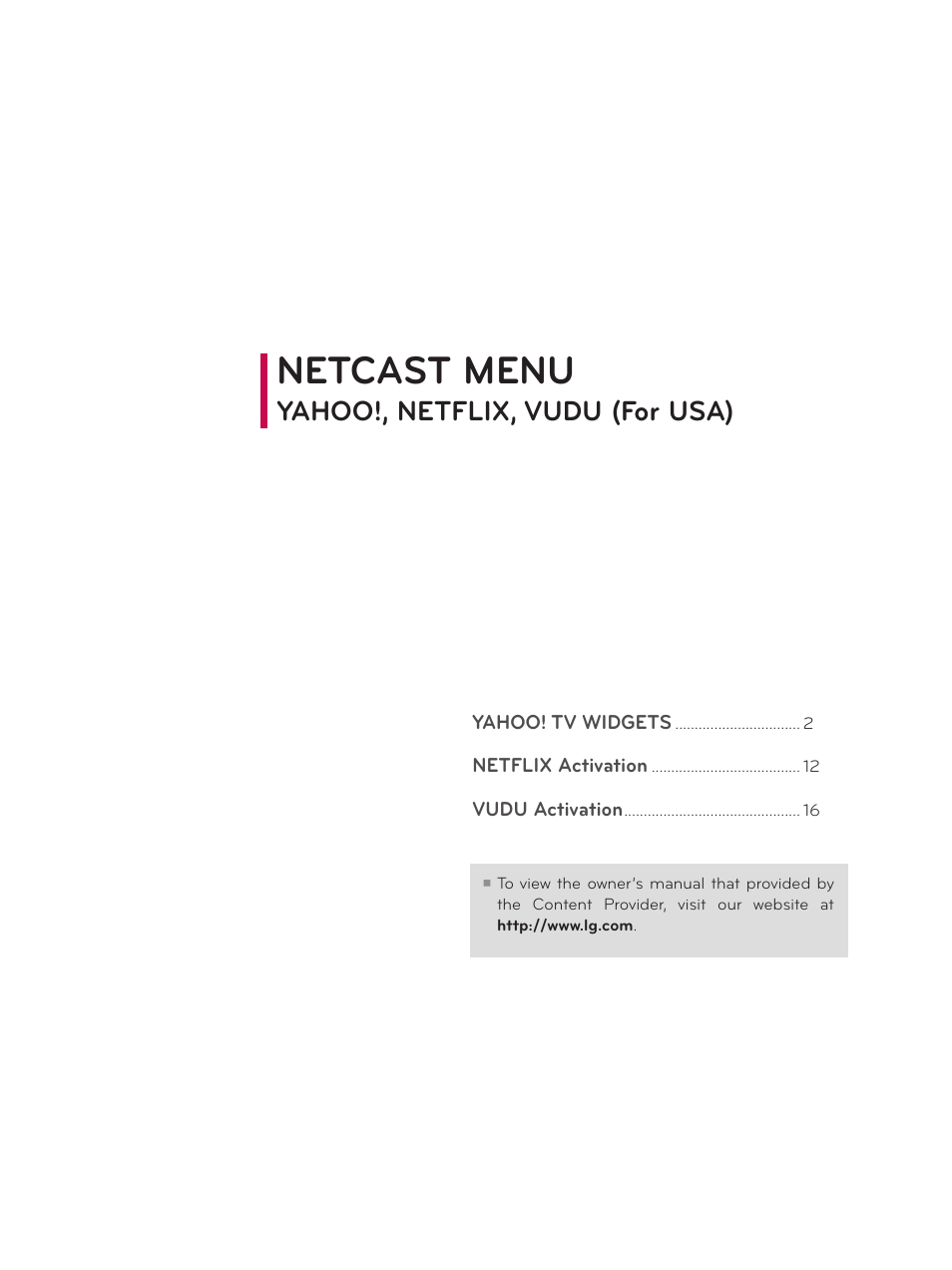 Netcast menu, Yahoo!, netflix, vudu (for usa) | LG 60PK750 User Manual | Page 205 / 221