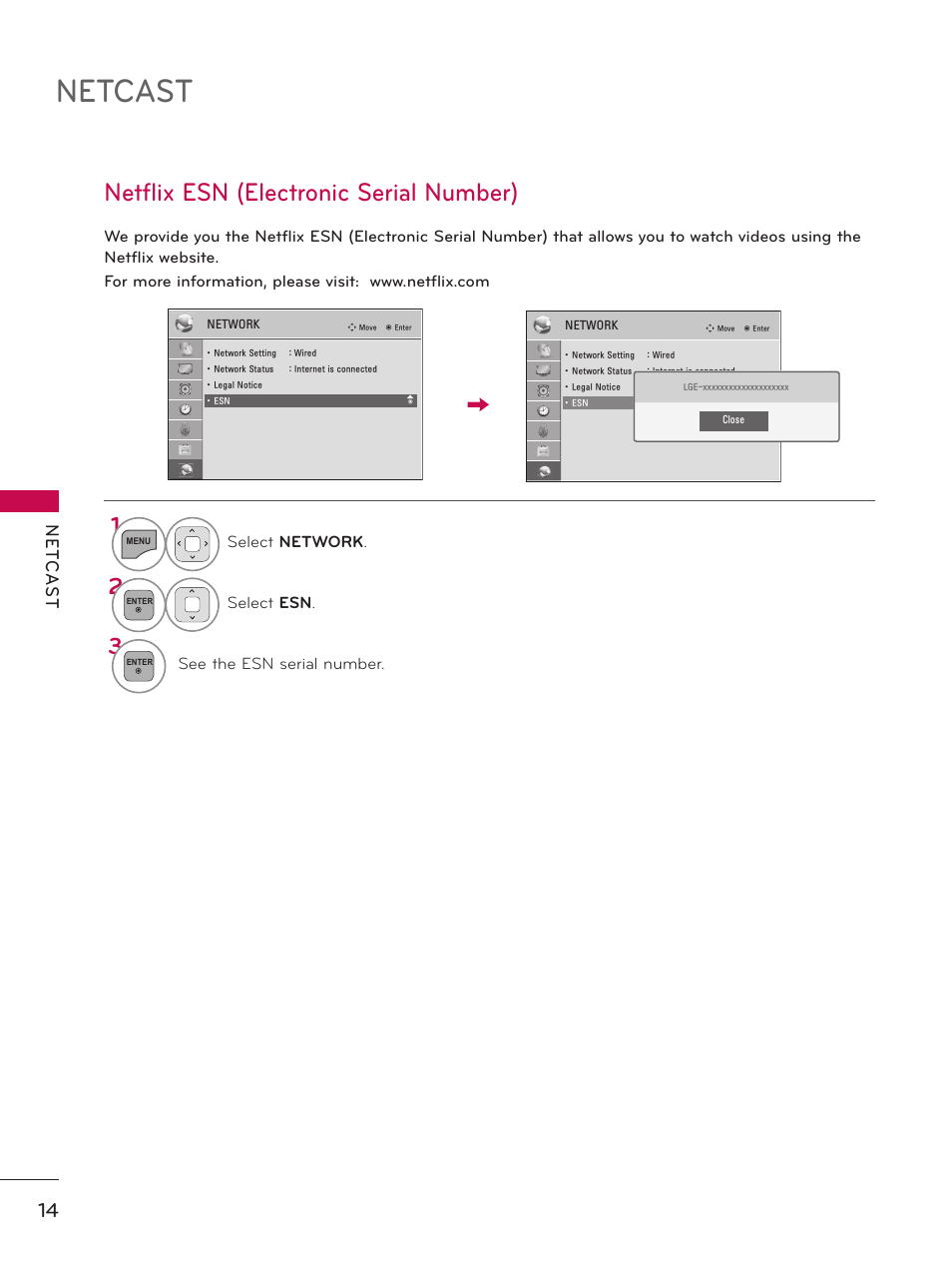 Netcast, Netflix esn (electronic serial number) | LG 60PK750 User Manual | Page 218 / 221