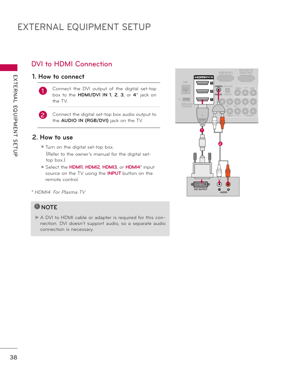 Dvi to hdmi connection, External equipment setup, How to connect | How to use, Hdmi4: for plasma tv | LG 60PK750 User Manual | Page 38 / 221