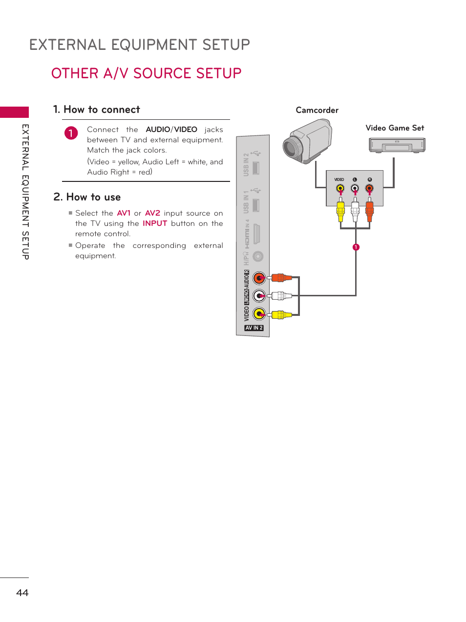 Other a/v source setup, External equipment setup, How to connect | How to use | LG 60PK750 User Manual | Page 44 / 221