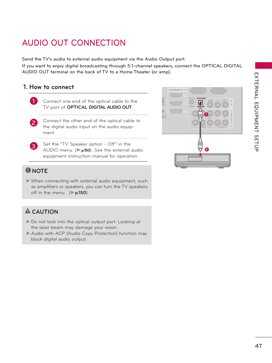 Audio out connection, How to connect, Caution | LG 60PK750 User Manual | Page 47 / 221