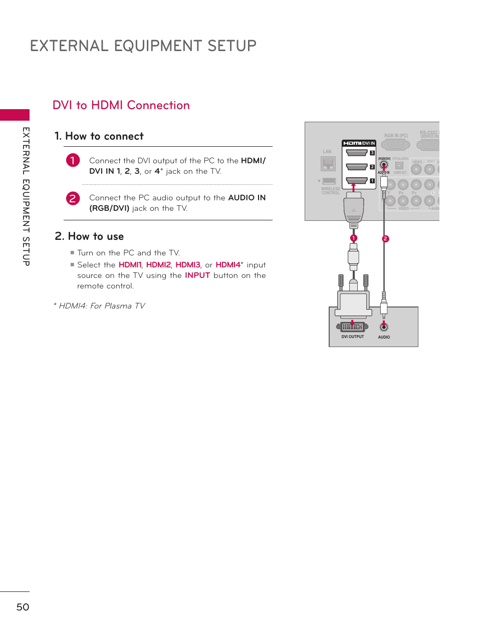 Dvi to hdmi connection, External equipment setup, How to connect | How to use, Hdmi4: for plasma tv, Turn on the pc and the tv | LG 60PK750 User Manual | Page 50 / 221