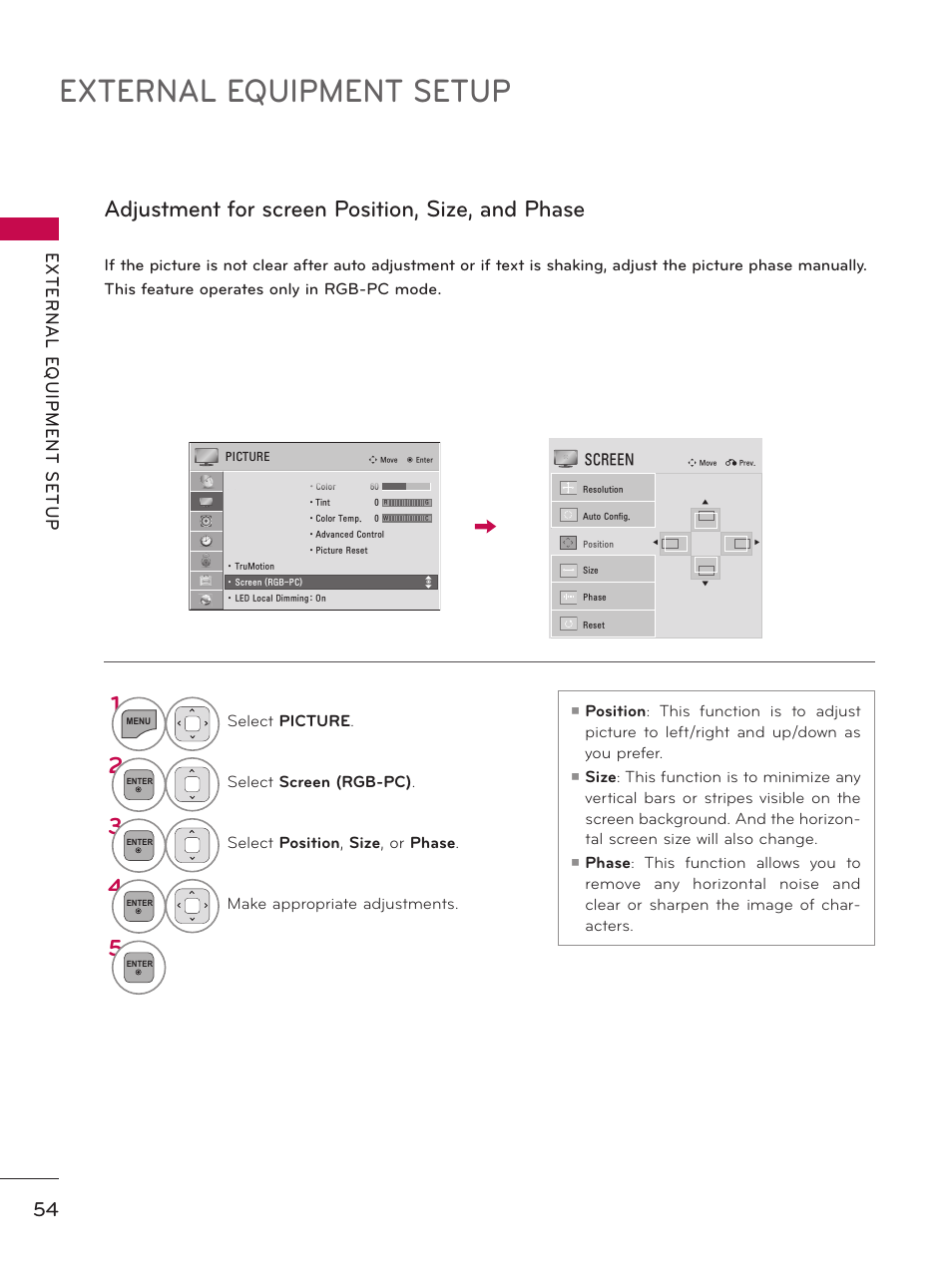 External equipment setup, Adjustment for screen position, size, and phase 1 | LG 60PK750 User Manual | Page 54 / 221