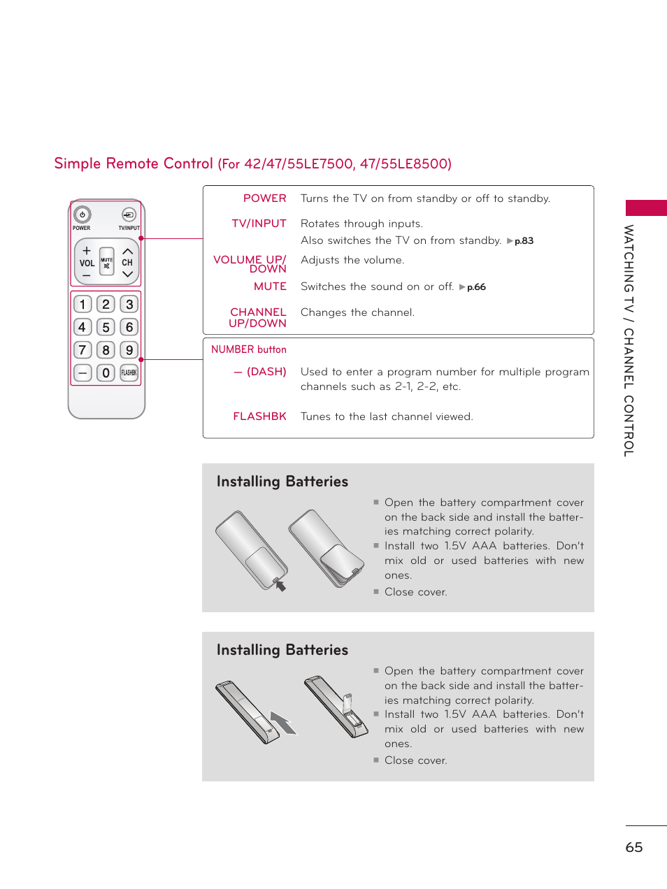 Installing batteries, Installing batteries simple remote control | LG 60PK750 User Manual | Page 65 / 221