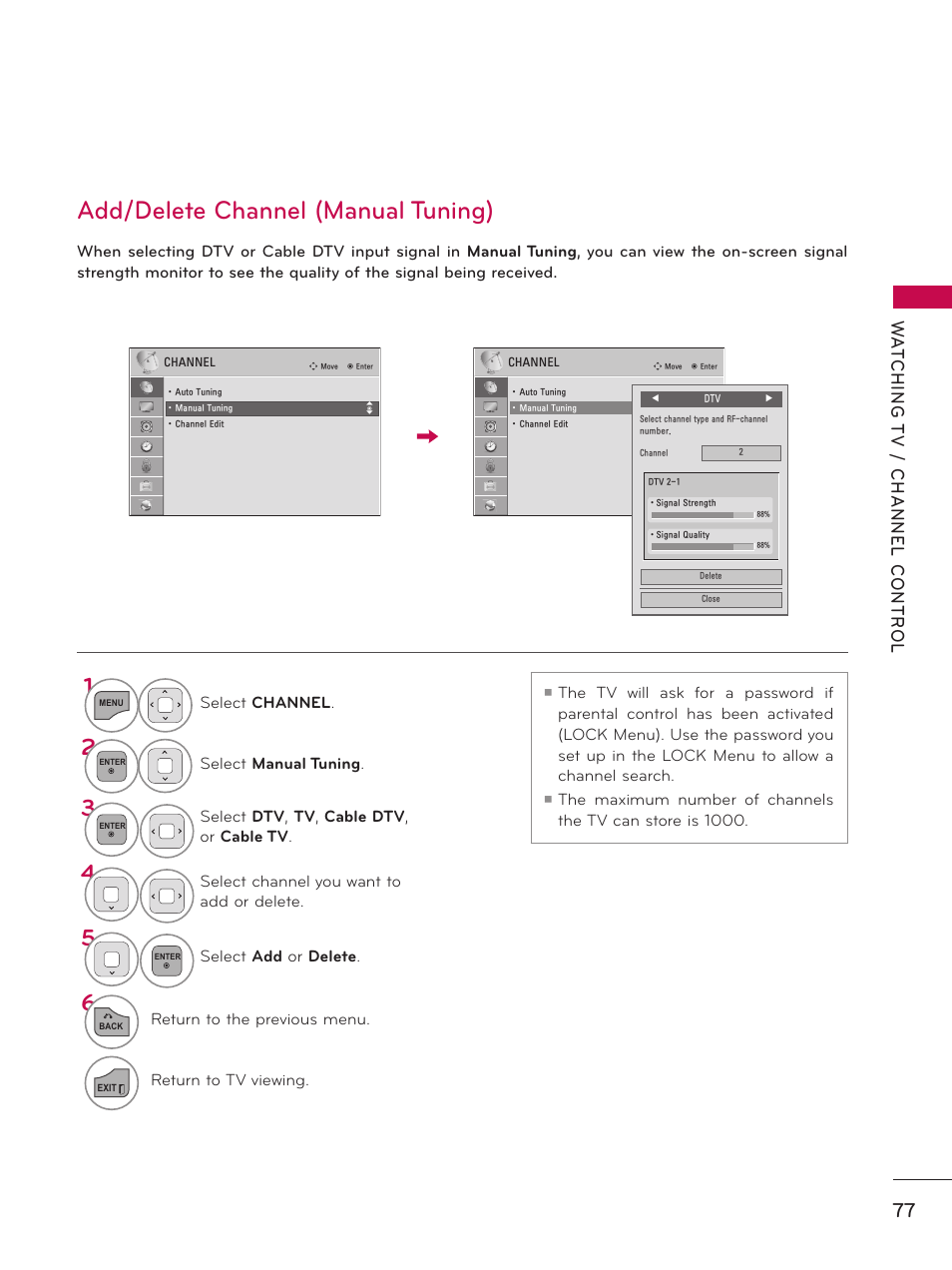 Add/delete channel (manual tuning) | LG 60PK750 User Manual | Page 77 / 221