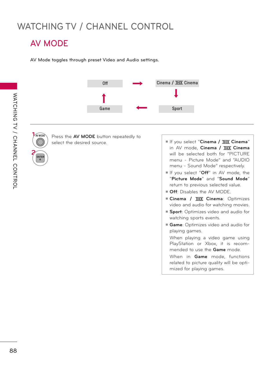 Av mode, Watching tv / channel control | LG 60PK750 User Manual | Page 88 / 221