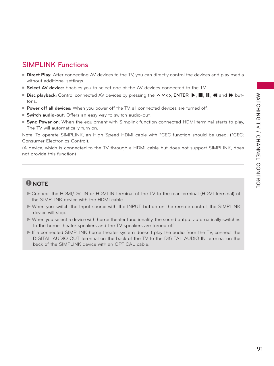 Simplink functions | LG 60PK750 User Manual | Page 91 / 221