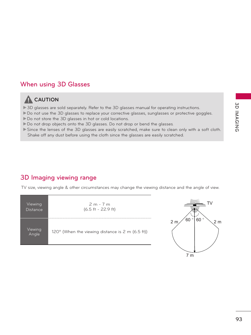 3d imaging viewing range when using 3d glasses | LG 60PK750 User Manual | Page 93 / 221