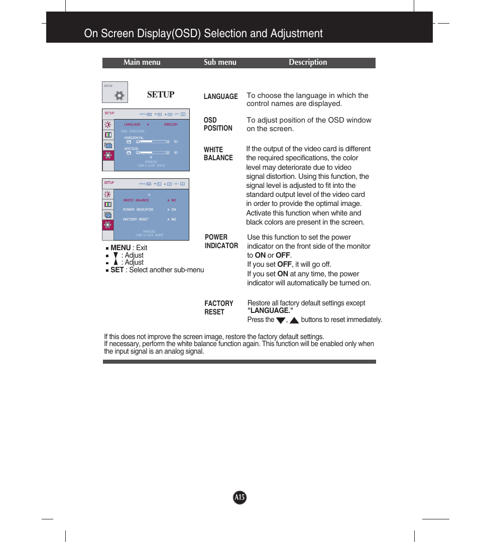 Setup, On screen display(osd) selection and adjustment | LG W1953T-PF User Manual | Page 16 / 26