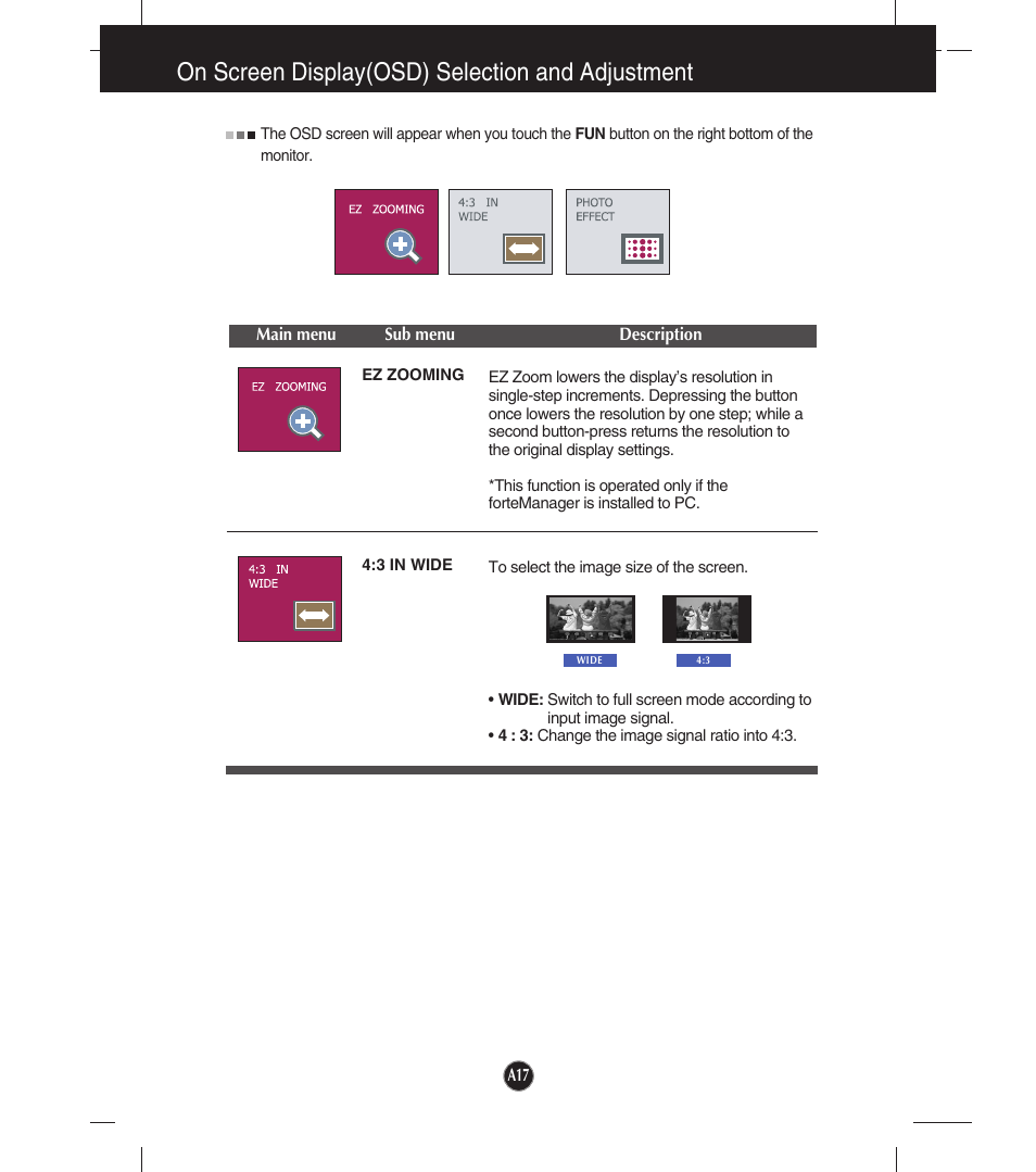 Ez zooming, 3 in wide, On screen display(osd) selection and adjustment | LG W1953T-PF User Manual | Page 18 / 26